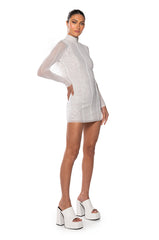 ROSALIE OPEN BACK FUR TRIM MESH MINI DRESS