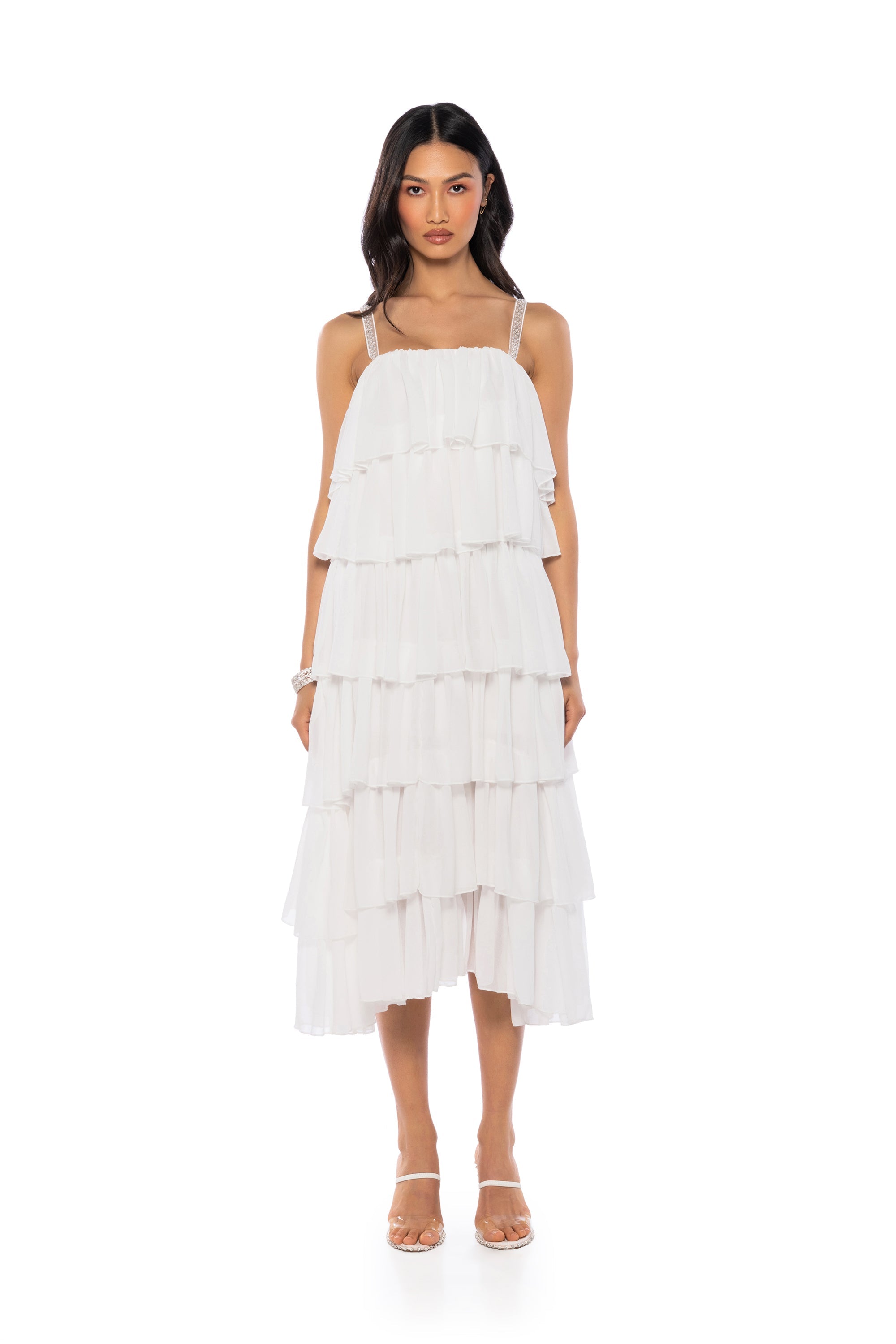 ROSE TIERED SLEEVELESS MAXI DRESS IN WHITE