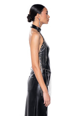 ROXANNE FAUX LEATHER RHINESTONE FRINGE HALTER TOP