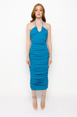 RUCHED LACE UP BACK MIDI DRESS