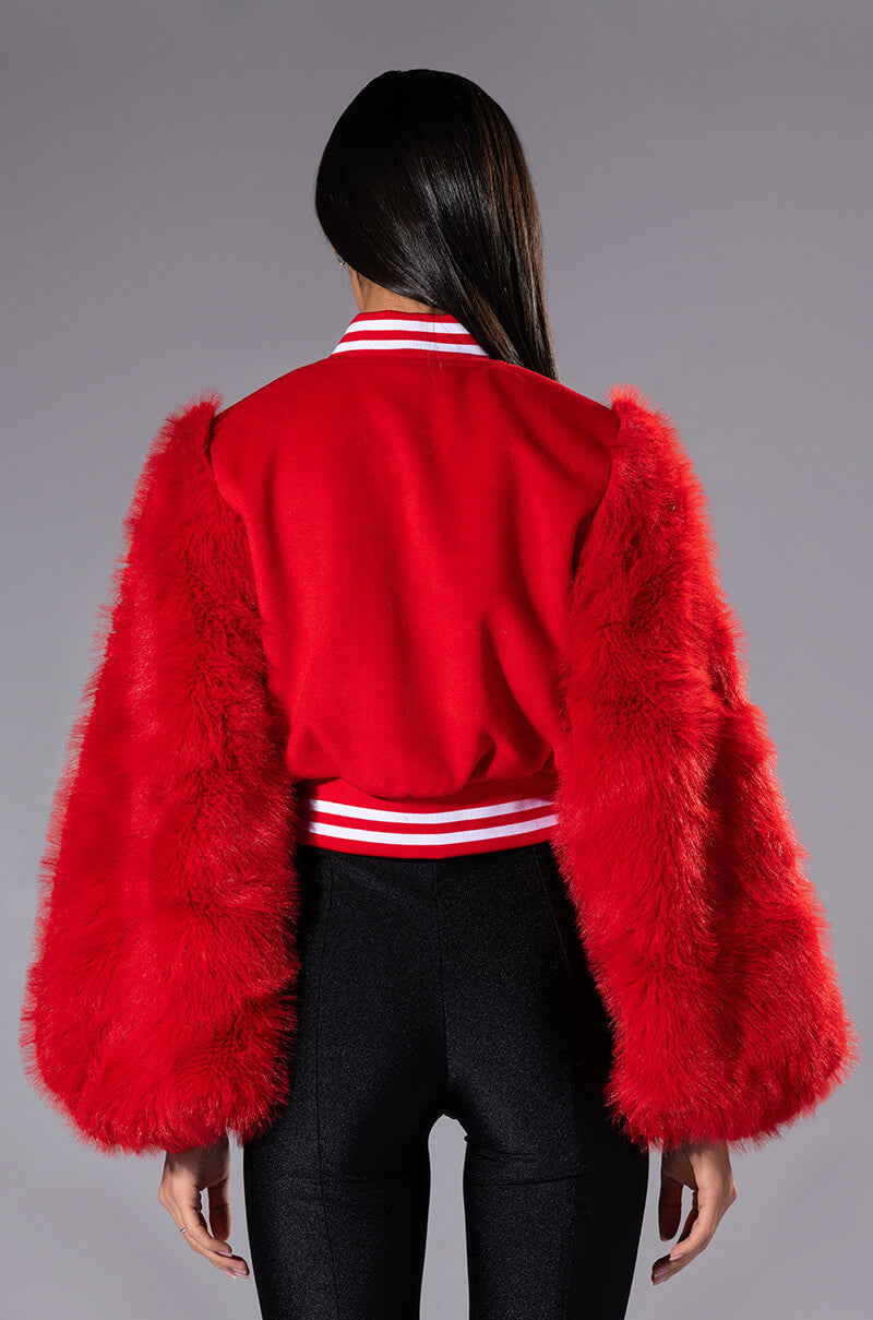 RUELA VARSITY BOMBER WITH FUR SLEEVES