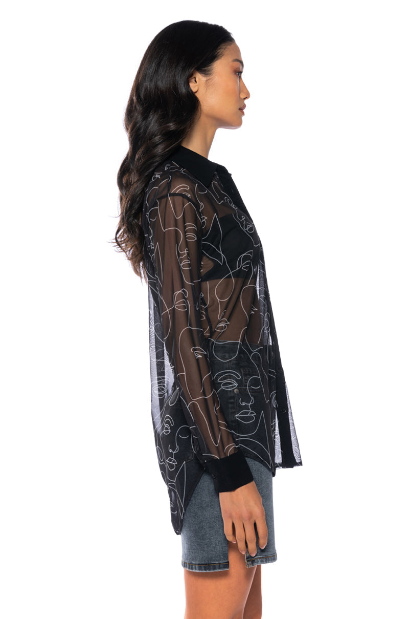 RUMI FACES SHEER BUTTON DOWN BLOUSE