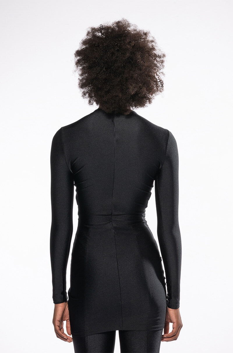 BELIEVE ME MOCK NECK RUCHED MINI DRESS