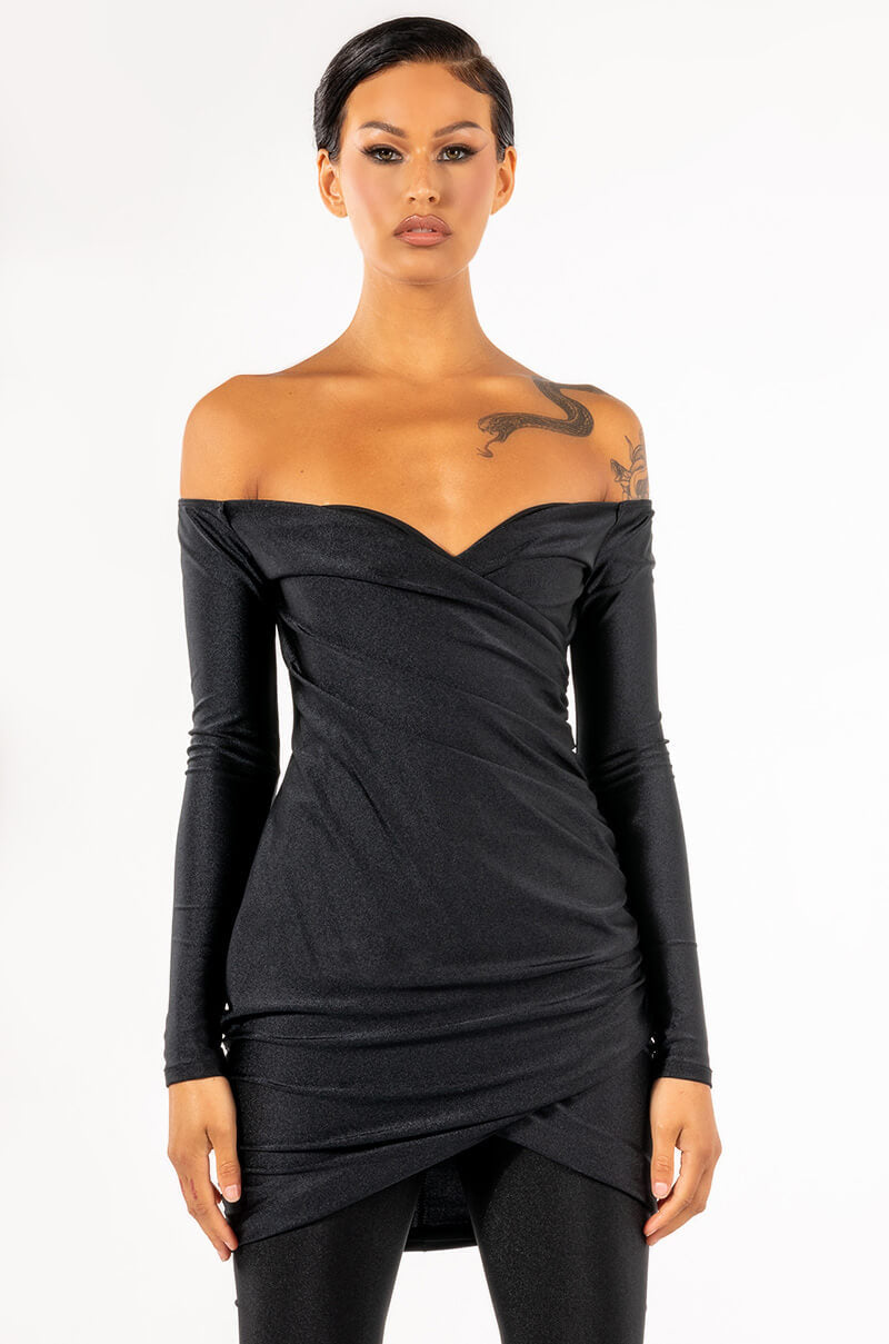 INTO YOU LONG SLEEVE RUCHED MESH MINI DRESS