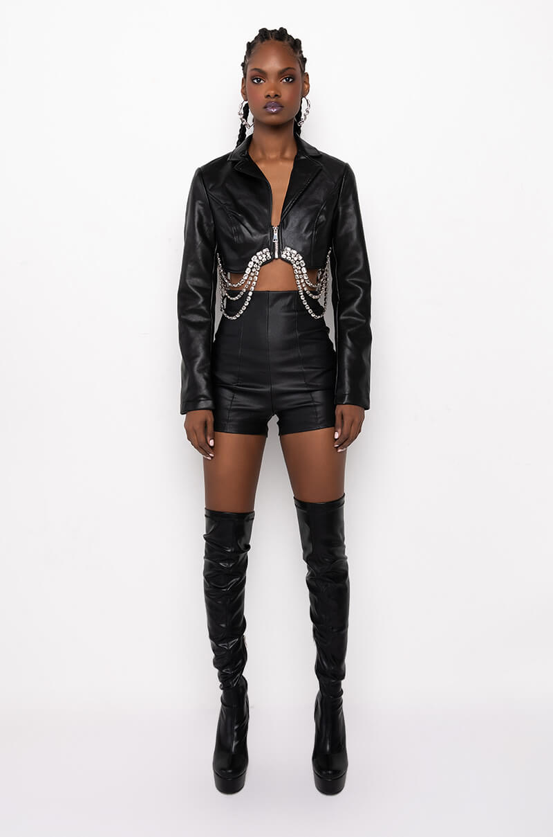 GWEN CROP PU JACKET WITH RHINESTONE TRIM