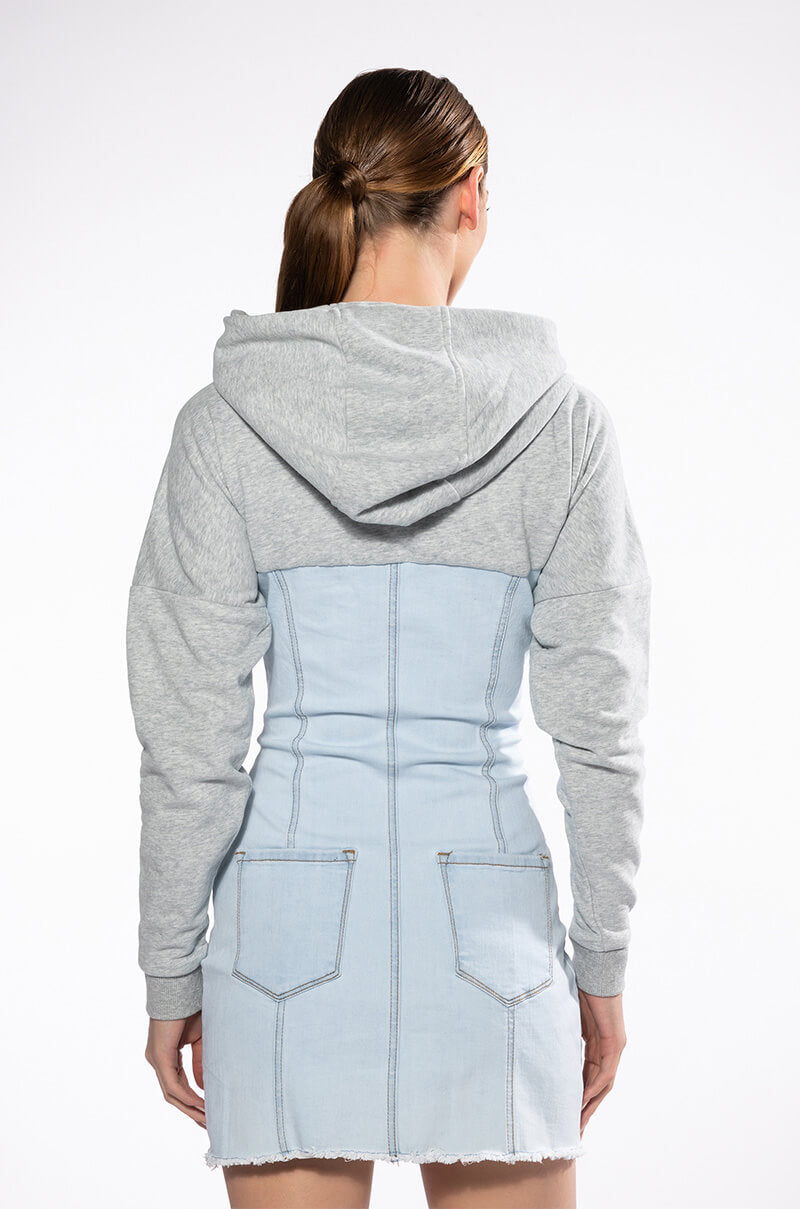 GINA LACE UP DENIM HOODED MINI DRESS