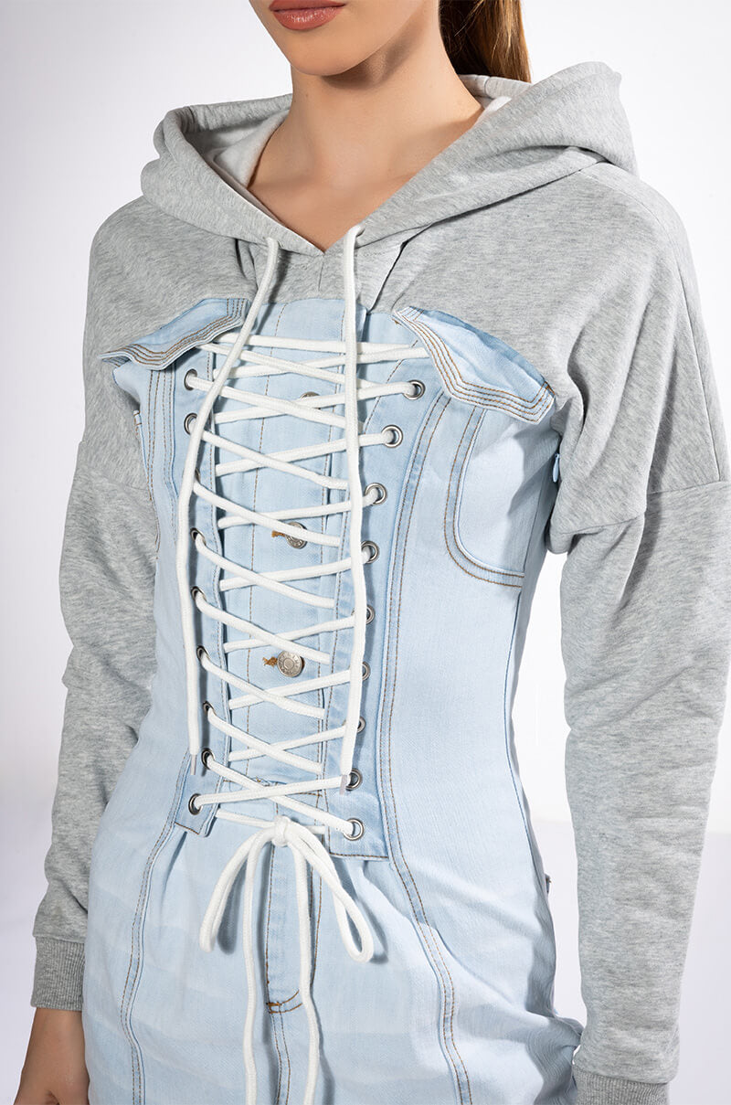 GINA LACE UP DENIM HOODED MINI DRESS