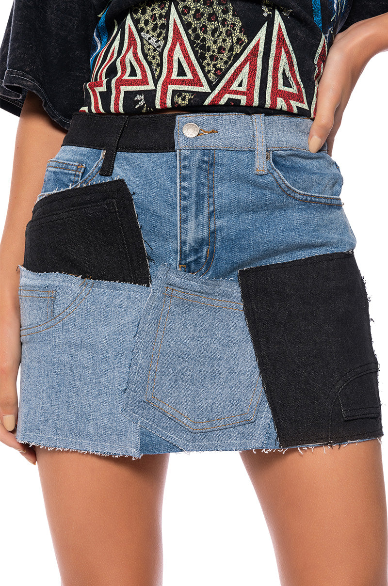 PATCHWORK DENIM MINI SKIRT